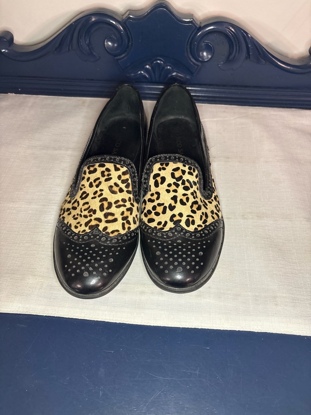 Franco Sarto Black Patent leather and calfskin leopard loafers Size 8.5